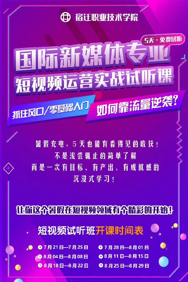 八維職業(yè)學(xué)校宿遷校區(qū)國際新媒體五天試聽班課開班啦